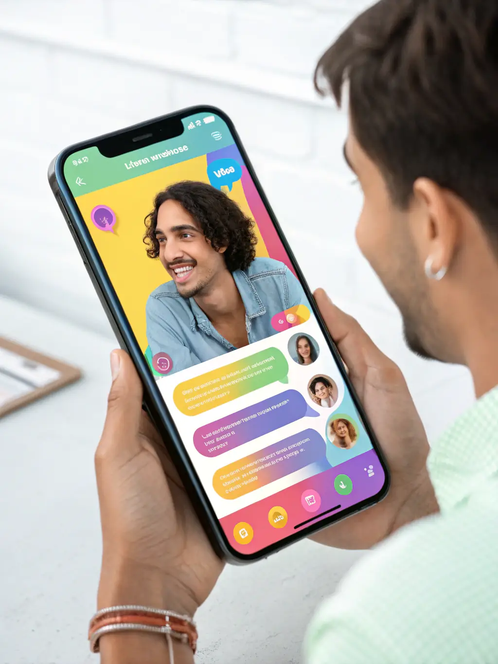 An illustration of a chatbot interface interacting with a user on a mobile device, showcasing AI Chatbot Development by Intel Matrix AI.