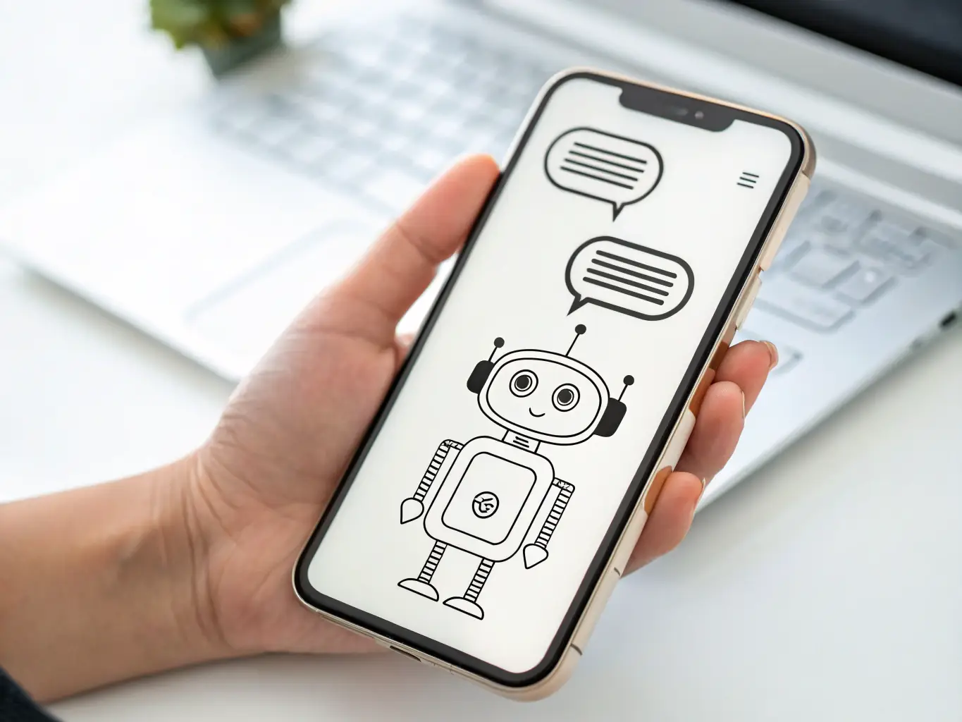 An illustration of a chatbot interface interacting with a user on a mobile device, showcasing the AI Chatbot Development service offered by Intel Matrix AI.