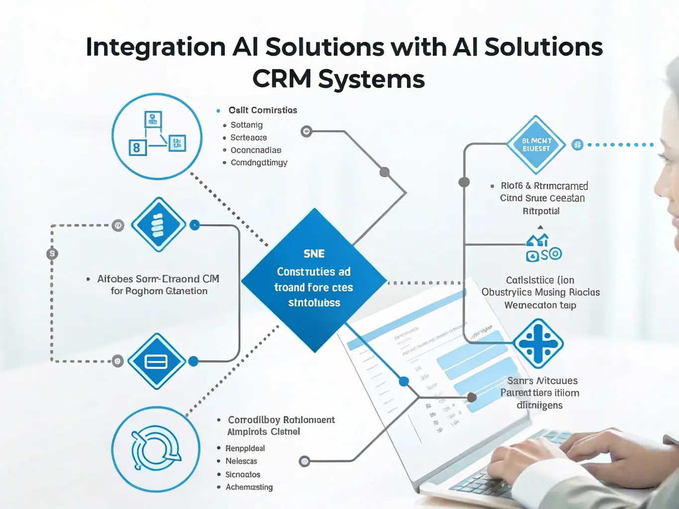 Diagram showing CRM system connected with AI automation modules, illustrating the CRM Integration & Automation service by Intel Matrix AI.
