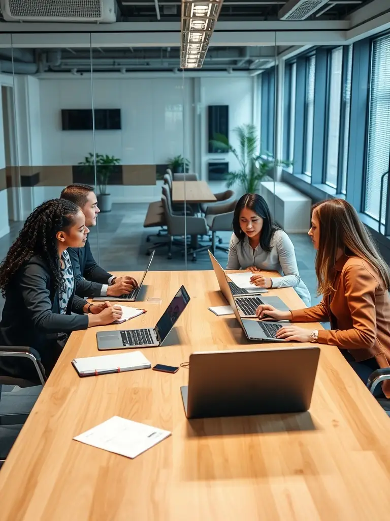 A professional photograph of a diverse team of SEO specialists collaborating in a modern office setting, analyzing data on large monitors and discussing strategies.